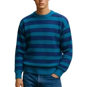 Vtg. Sweater Eclectic grandpa crew neck pullover teal/ purple stripes soft  sz L